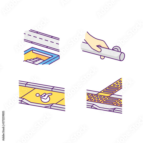 Disabled pedestrian facilities RGB color icons set. Safe pedestrian crosswalk. Modern wall mounted handrails. Tactile guidance. Tenji blocks. Truncated domes. Isolated vector illustrations