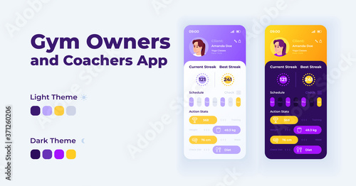 Gym owners and coachers app cartoon smartphone interface vector templates set. Mobile app screen page day and night modes design. Gym member UI for application. Phone display with flat illustrations