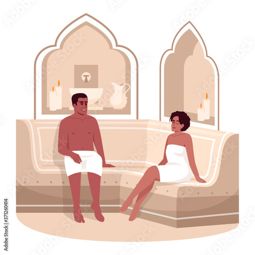 Sauna semi flat RGB color vector illustration. Spa treatment for man and woman in towels. Resort hotel. Boyfriend and girlfriend in bathhouse isolated cartoon character on white background