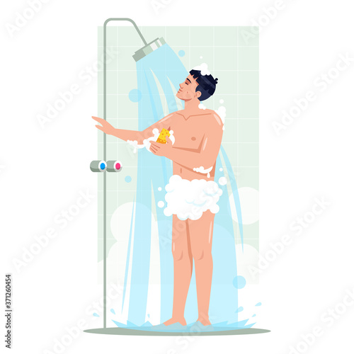 Man taking shower semi flat RGB color vector illustration. Male cleaning in bathroom. Personal hygiene. Daily body care routine. Naked guy isolated cartoon character on white background