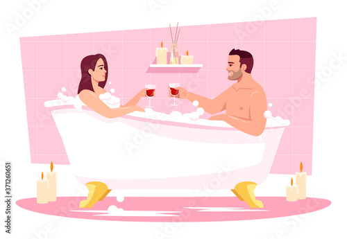 Couple in bathtub semi flat RGB color vector illustration. Romantic date at home. Wife and husband in tub with wine. Boyfriend and girlfriend isolated cartoon characters on pink background