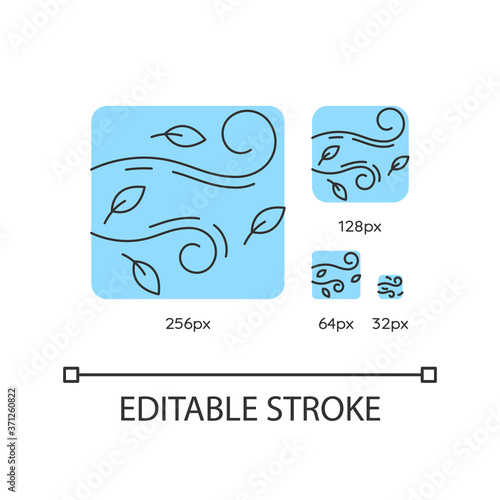 Windy weather turquoise linear icons set. Autumn season meteo forecast, meteorology. Cool breeze. Thin line customizable 256, 128, 64 and 32 px vector illustrations. Contour symbols. Editable stroke