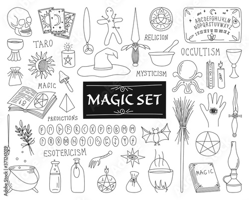 COLLECTION OF ATTRIBUTES FOR MAGIC ON A WHITE BACKGROUND