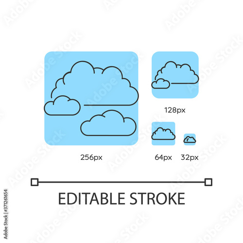 Cloudy weather turquoise linear icons set. Overcast, moody sky, meteo forecasting. Thin line customizable 256, 128, 64 and 32 px vector illustrations. Contour symbols. Editable stroke