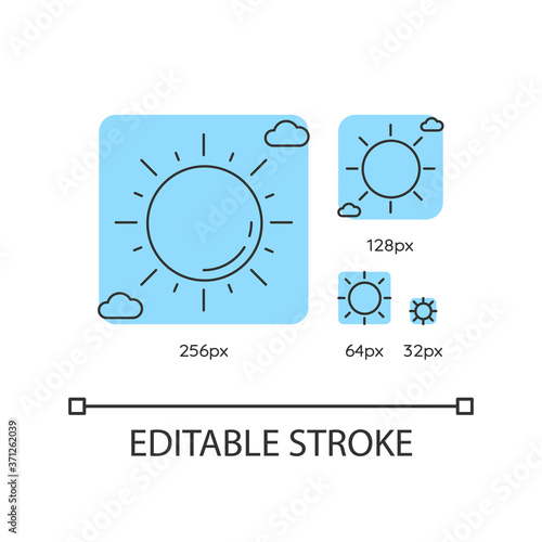 Clear sunny sky turquoise linear icons set. Partly cloudy meteo forecast, summertime weather. Thin line customizable 256, 128, 64 and 32 px vector illustrations. Contour symbols. Editable stroke