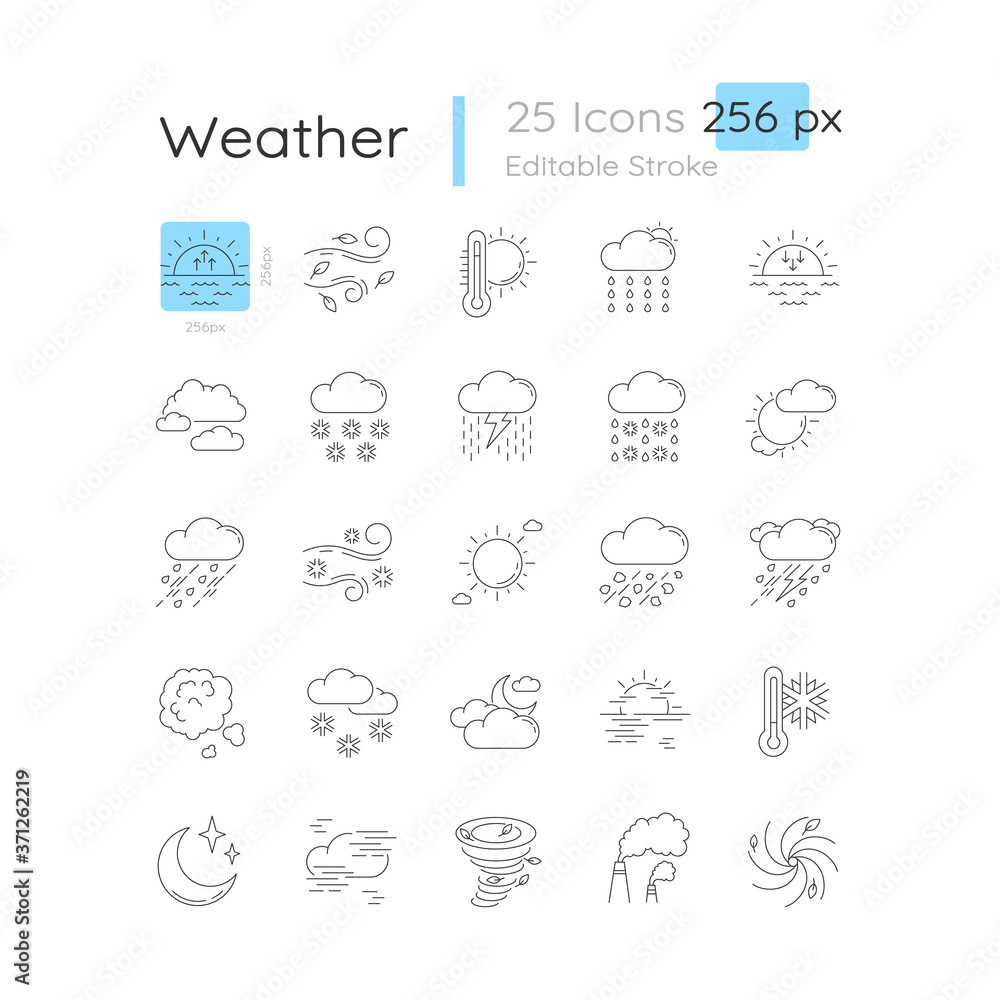 Weather linear icons set. Meteorological forecast. Sky condition prediction. Customizable thin line contour symbols. Isolated vector outline 32 x 32 px illustrations. Editable stroke
