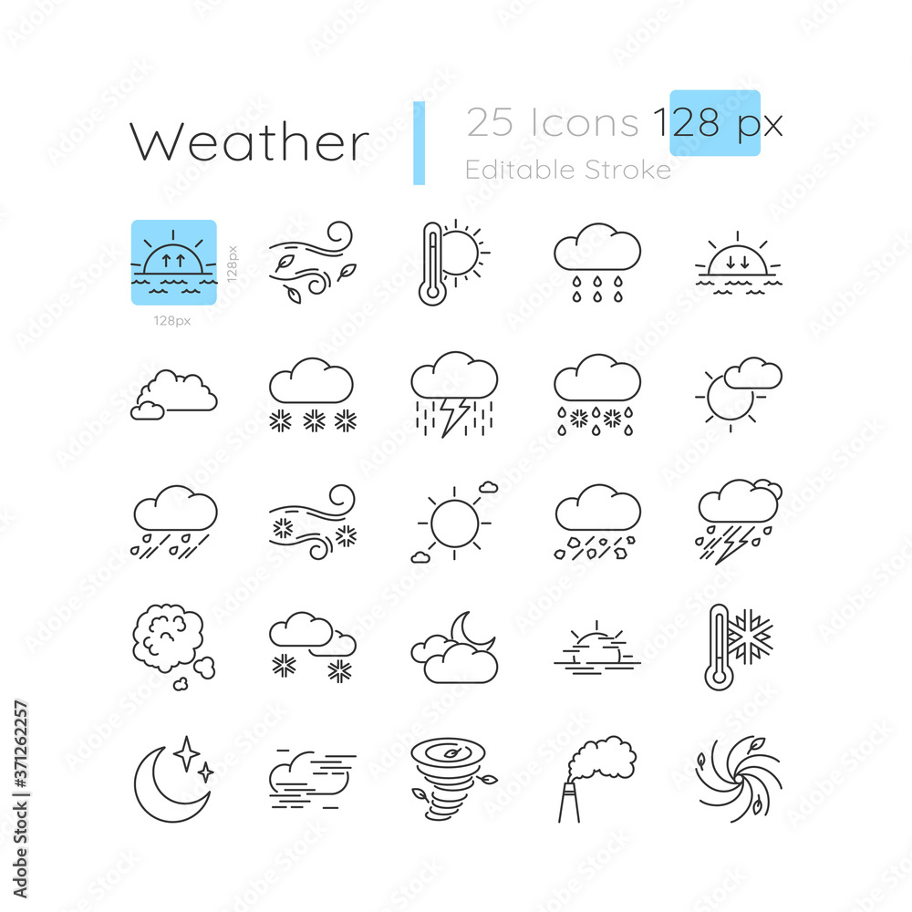 Weather forecast linear icons set. Sunny day. Rainy storm. Snowflake from cloud. Customizable thin line contour symbols. Isolated vector outline 64 x 64 px illustrations. Editable stroke
