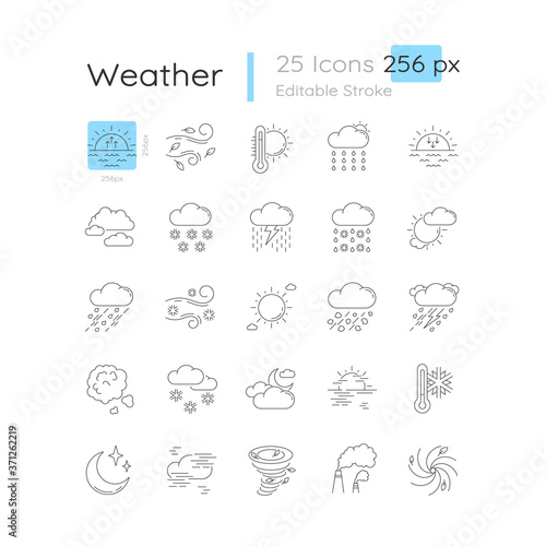 Weather linear icons set. Meteorological forecast. Sky condition prediction. Customizable thin line contour symbols. Isolated vector outline 32 x 32 px illustrations. Editable stroke