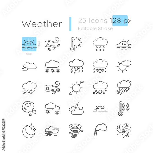 Weather forecast linear icons set. Sunny day. Rainy storm. Snowflake from cloud. Customizable thin line contour symbols. Isolated vector outline 64 x 64 px illustrations. Editable stroke © bsd studio