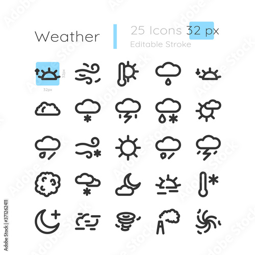 Meteorological forecast linear icons set. Extreme weather. Sun and cloud with rain. Customizable thin line contour symbols. Isolated vector outline 256 x 256 px illustrations. Editable stroke