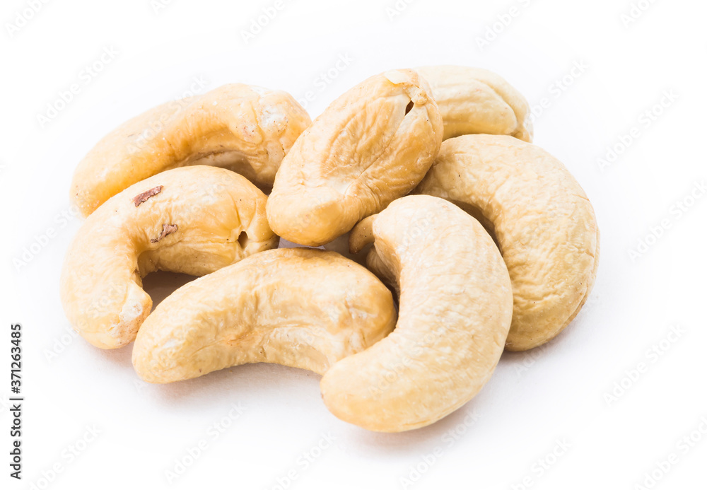 close-up cashew nuts on the white background
