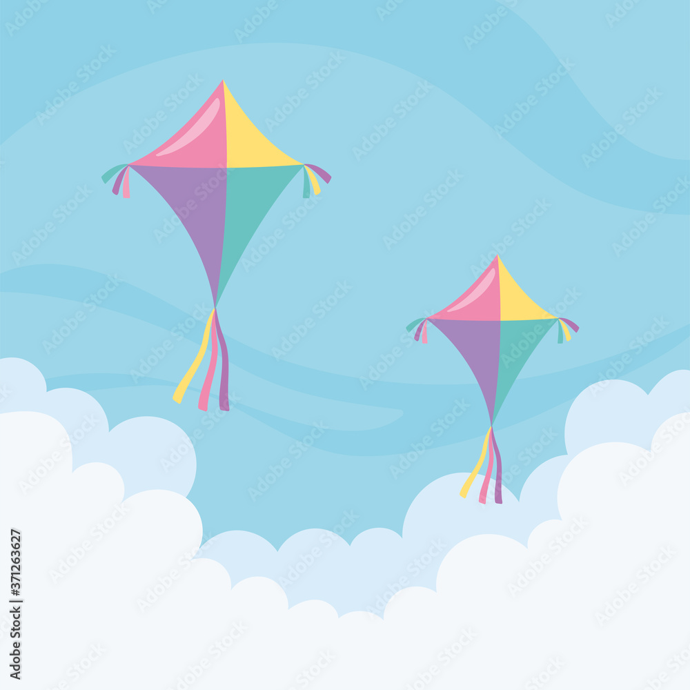 sky kites toys flying clouds blue background cartoon sky kites toys flying clouds blue background cartoon