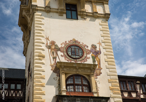 Panoramic view of Peles Castle, Romania. Famous Neo-Renaissance castle and ornamental garden in Sinaia, Carpathian Mountains in Europe.