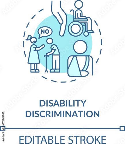 Disability discrimination concept icon. Disabled people prejudice idea thin line illustration. Tolerance. Human rights mistreatment. Vector isolated outline RGB color drawing. Editable stroke