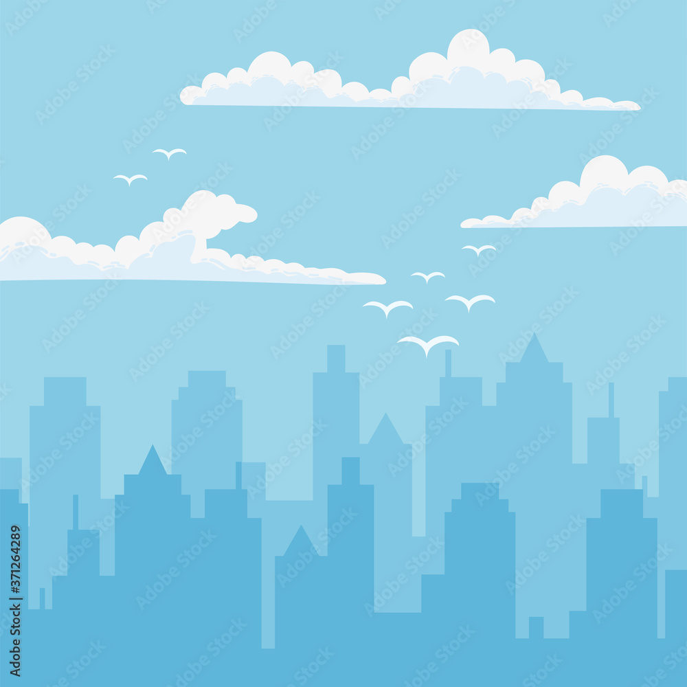 cityscape urban towers flying birds clouds sky background cityscape urban towers flying birds clouds sky background