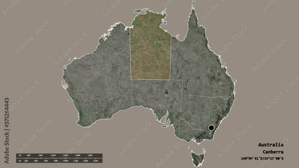 Location of Northern Territory, territory of Australia,. Satellite