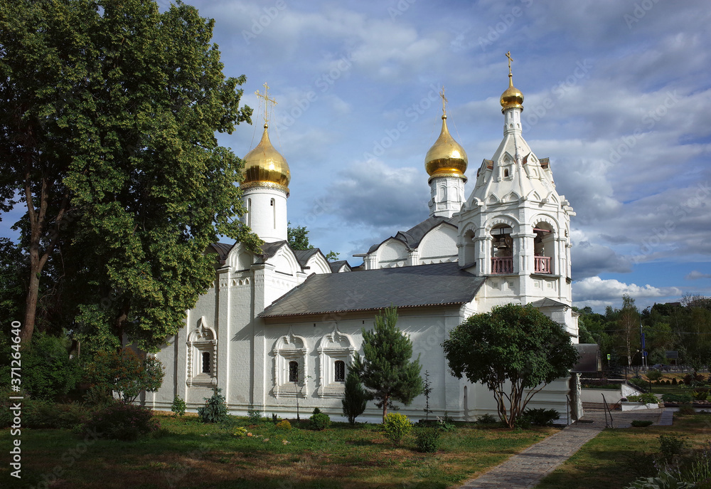 Russian architecture white buildings of Pyatnitskaya church and Vvedenskaya church, Architectural ensemble of Holy Trinity St. Sergius Lavra, Golden ring of Russia. Sergiev Posad, Moscow region