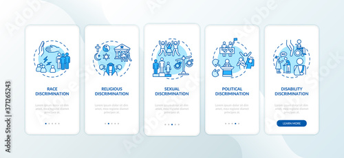 Discrimination types onboarding mobile app page screen with concepts. Sexual and political prejudice. Walkthrough 5 steps graphic instructions. UI vector template with RGB color illustrations