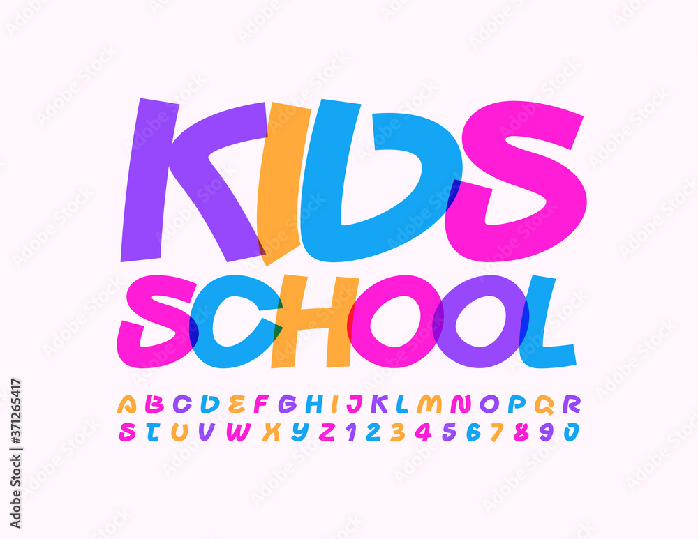 Vector creative emblem Kids School. Bright handwritten Font. Colorful Alphabet Letters and Numbers