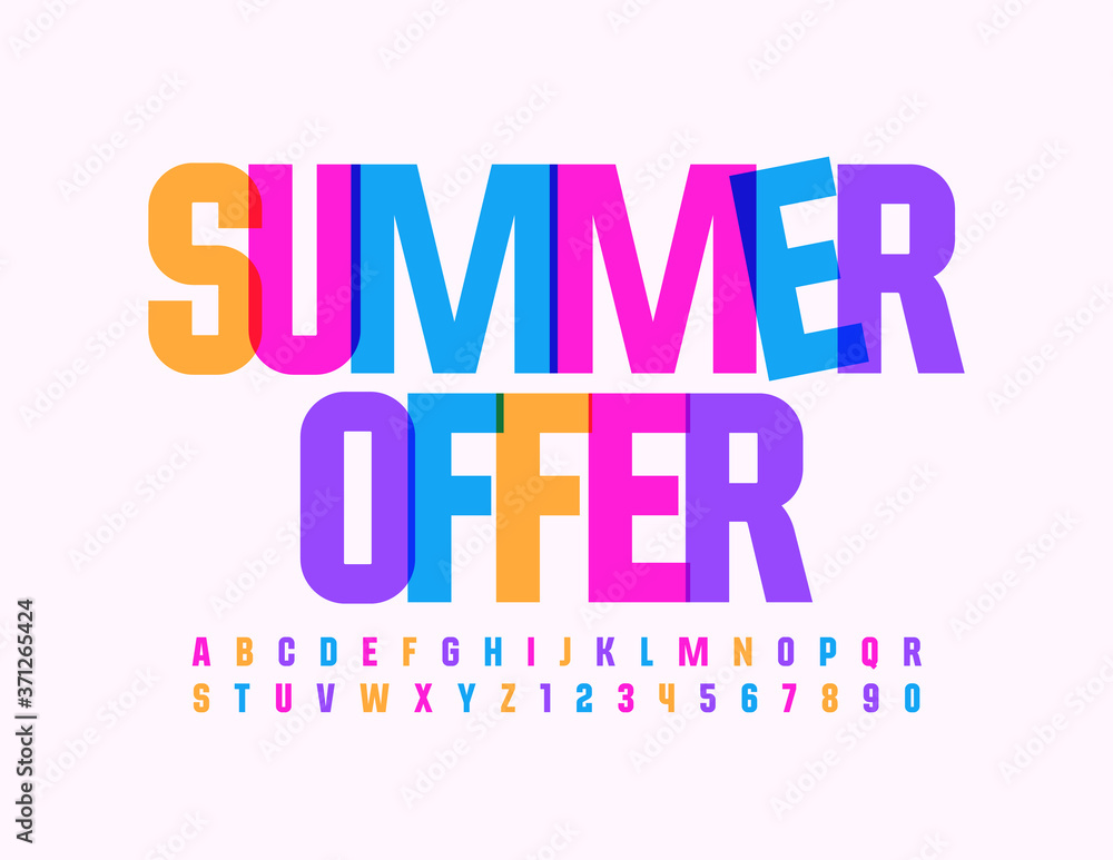 Vector promo advertisement Summer Offer. Bright Art Font. Creative Alphabet Letters and Numbers