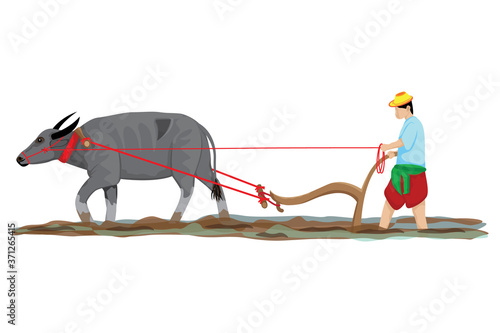 isolated farmer use buffalo plow vector design