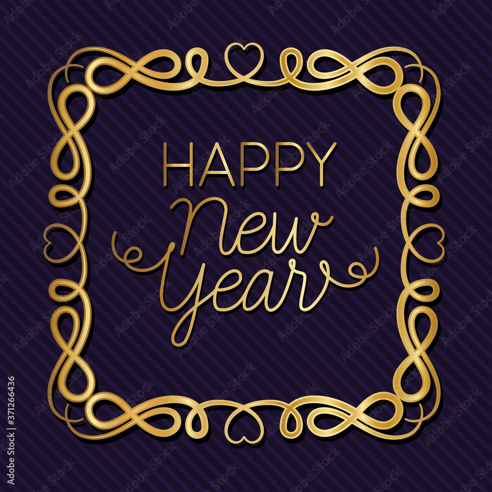 Happy new year in ornament gold frame on striped purple background design, Welcome celebrate greeting card happy decorative and celebration theme Vector illustration