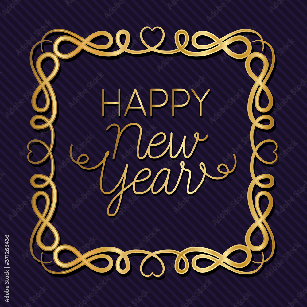 Happy new year in ornament gold frame on striped purple background design, Welcome celebrate greeting card happy decorative and celebration theme Vector illustration Happy new year in ornament gold frame on striped purple background design, Welcome celebrate greeting card happy decorative and celebration theme Vector illustration