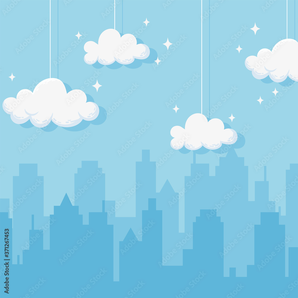 cityscape hanging clouds star s scene blue background