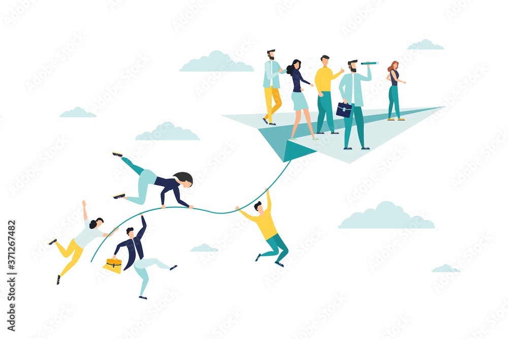 Vector illustration, achievement concept, company of people holding on to the rope from a paper airplane and other people are flying on it, moving towards the goal.