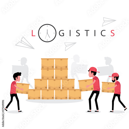 Logistic business feature people work in warehouse holding parcel or box