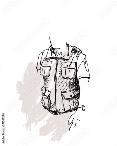 Drawing of expedition vest with many pockets on young man with no face, Vector sketch Isolated hand drawn