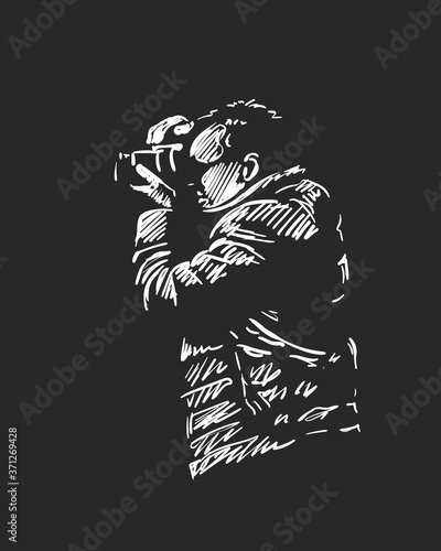 Drawing of man with photo camera, Photographer taking photo, White sketch on black background, Hand drawn vector illustration