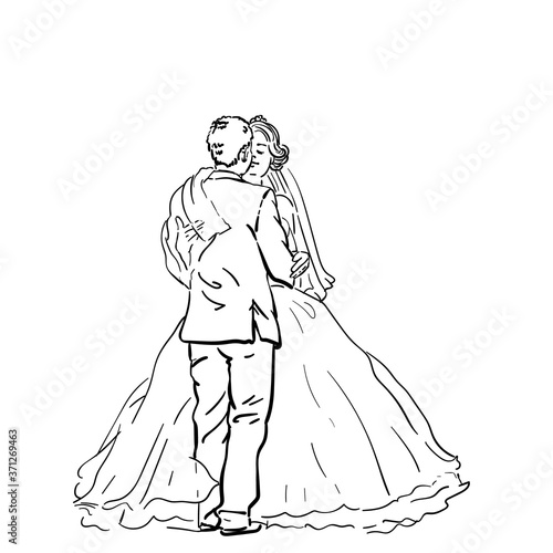 Drawing of bride and groom standing face to face, Young wedding couple enjoying romantic moments. Vector sketch Hand drawn linear illustration