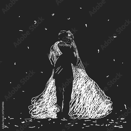 Drawing of bride and groom standing face to face, Young wedding couple enjoying romantic moments. White sketch on black background Hand drawn vector illustration