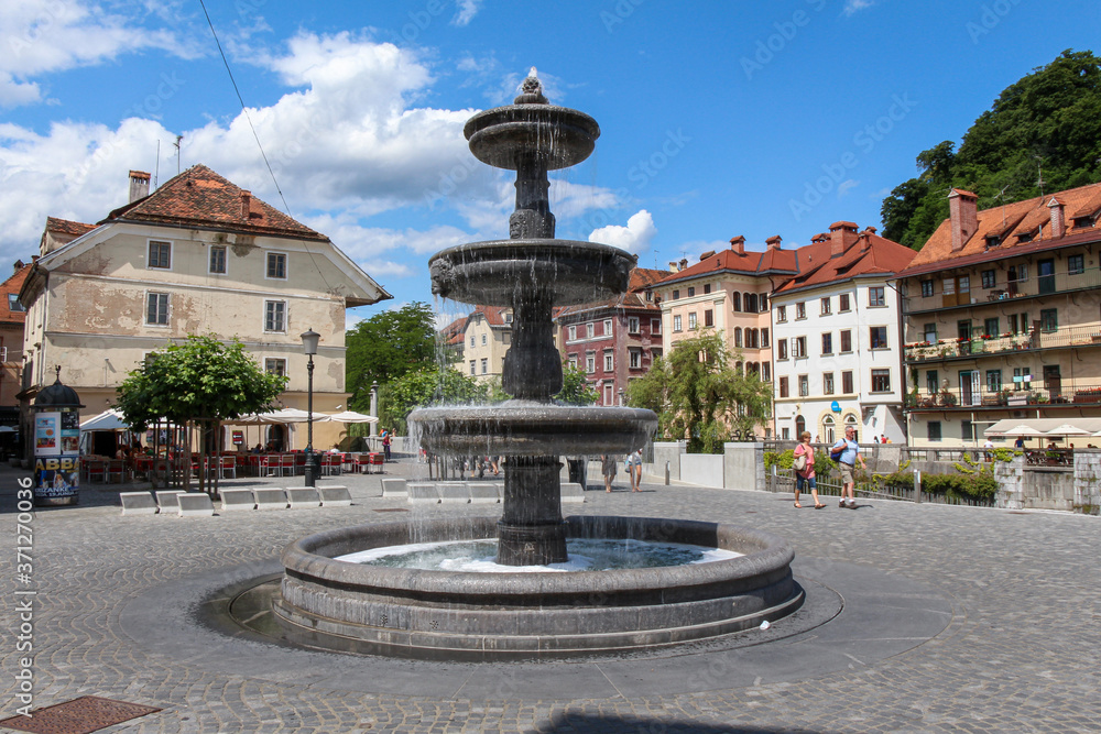 Water Fountain in Novi Trg, Justice Square, Ljubljana, Slovenia