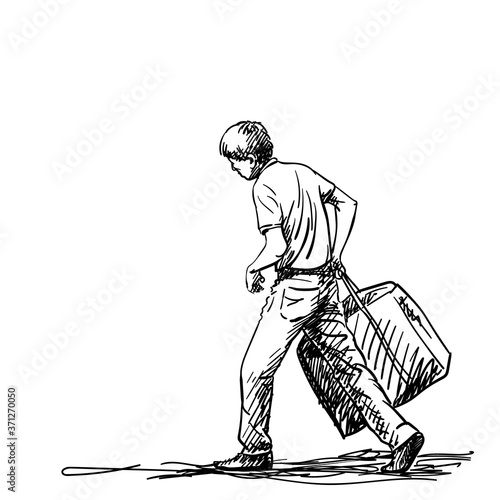 Drawing of young skiny man carrying big heavy bag, Vector sketch Hand drawn illustration