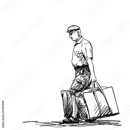 Drawing of middle age man carrying two big heavy bags in both hands and wearing cap, Vector sketch Hand drawn illustration