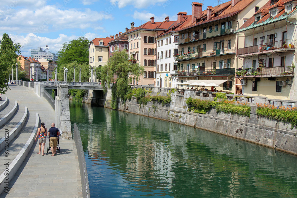 The Ljublijanica River and central Ljubljana on a summers day