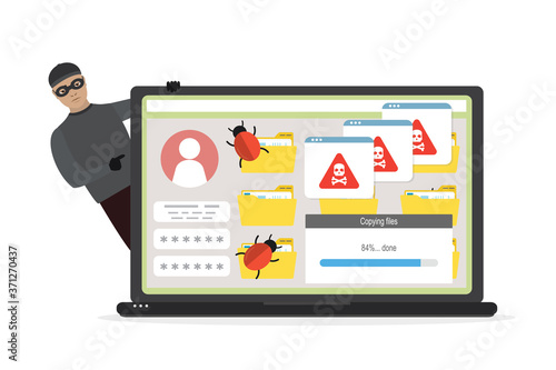 Funny anonymous man steal login, password and data. Bugs and viruses on laptop after hacker attack. User profile on screen. Network piracy danger.
