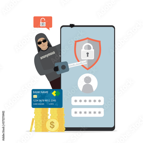 Hacker with key steals passwords, money and credit card information. Cellphone with ineffective antivirus. Data protection concept.