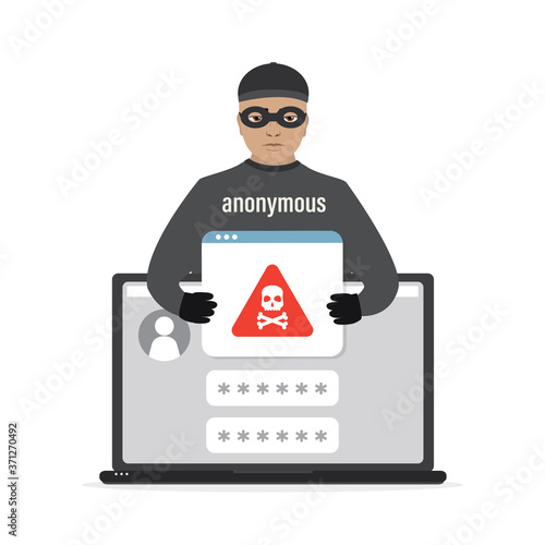 Cartoon male hacker in mask installs malware on laptop. Spamming, virus attack, scam alert. Laptop with unlock profile.