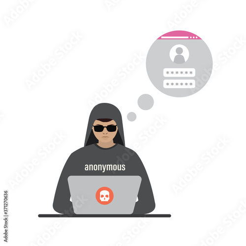 Cartoon man using laptop. Hacker at work, anonymous attacking computer network. Data protection concept. Spamming, virus attack.