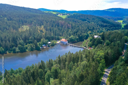 Aerial view of Regen river in summer with forest and amazing ecological landscape, bavarian forest, gemany photo