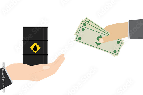 Big hand holding oil barrel, other hand holds paper money. Sale of petroleum products and fuels. Commodities market.