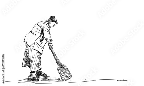 Drawing of old plus size woman sweeps floor with broom, Vector sketch hand drawn illustration