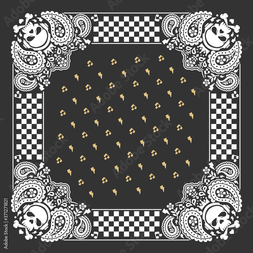 Bandana Paisley Ornament Design with Skull and Musical Element