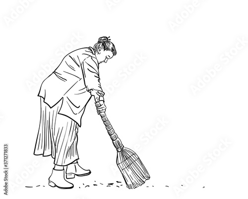 Drawing of old plus size woman sweeps floor with broom, Vector sketch hand drawn line art illustration