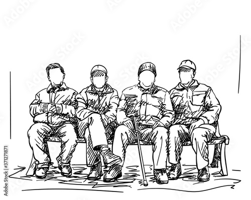 Drawing of four old men friends sitting on bench near to each other, many people no face, Vector sketch Hand drawn illustration