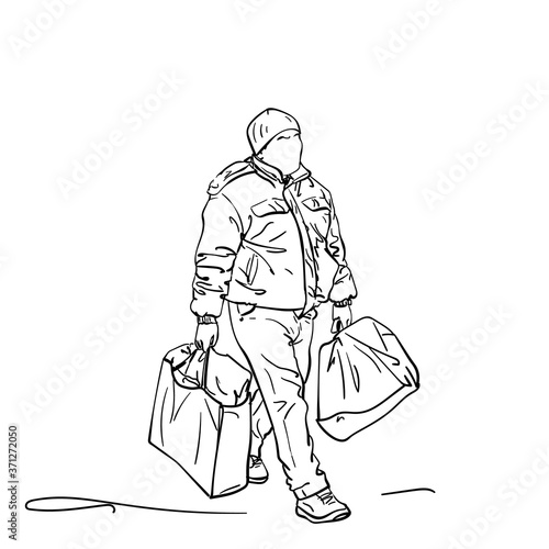 Drawing of mature man no face carrying two big bags and wearing winter clothes, Vector sketch Hand drawn illustration