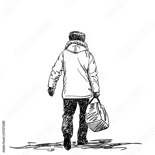 Drawing of mature man carrying duffel bag and wearing winter clothes, back view, Vector sketch Hand drawn illustration
